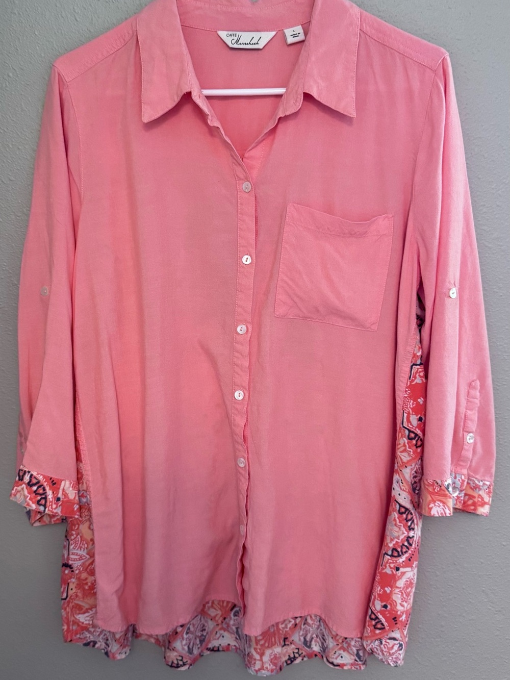 Caffe Marrakesh Coral Button Front Top with Printed Trim and Back